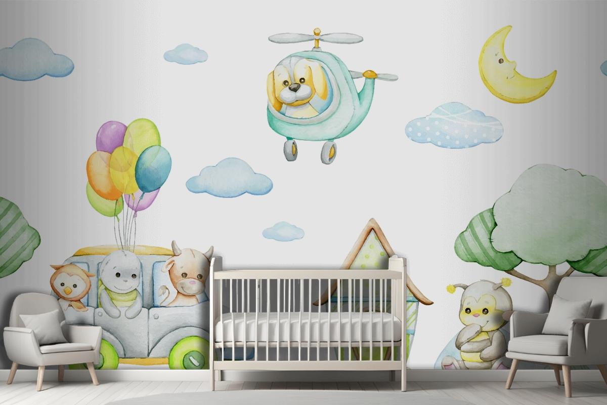 Karikatür Tarzı Tropikal Hayvanlar Araba Helikopter Ay Çocuk Odası Duvar Kağıdı Nde Suluboya Dikişsiz Desen