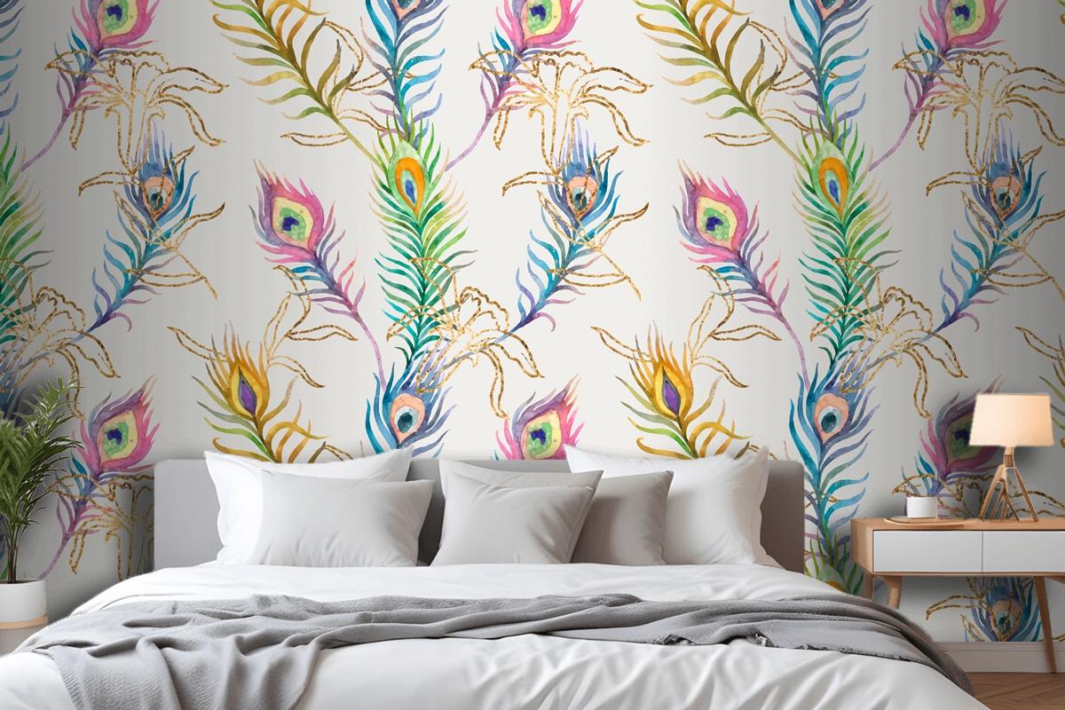 Tavus Kuşu Tüyü Renkli Suluboya Desen Yatak Odası Duvar Kağıdı Duvar Arka Planı