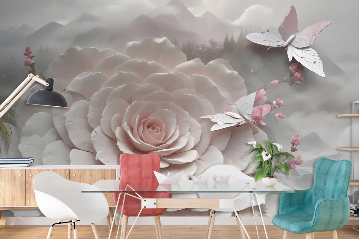 3D Kabartmalı Görünümlü Çiçek Ve Kelebek Duvar Kağıdı