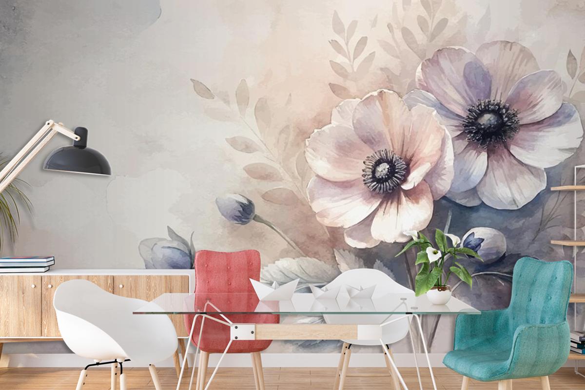 Vintage Anemon Çiçek Suluboya Arka Plan Oturma Odası Duvar Kağıdı 