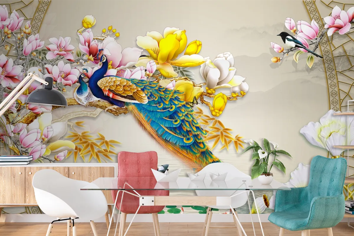 Kuş Deniz Çiçekli Arka Planlı 3D Duvar Kağıdı