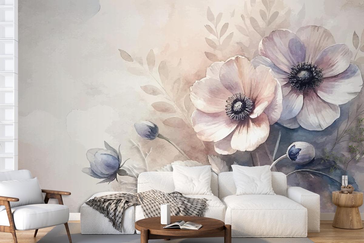 Vintage Anemon Çiçek Suluboya Arka Plan Oturma Odası Duvar Kağıdı 