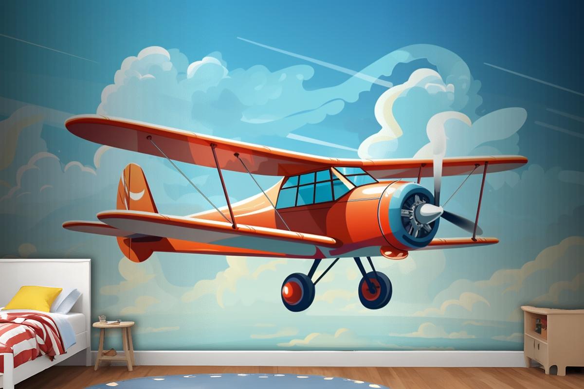 Önünde Pervaneden Alıntı Sözlerinin Bulunduğu Kırmızı Bir Uçağın Çizimi Çocuk Odası Duvar Kağıdı