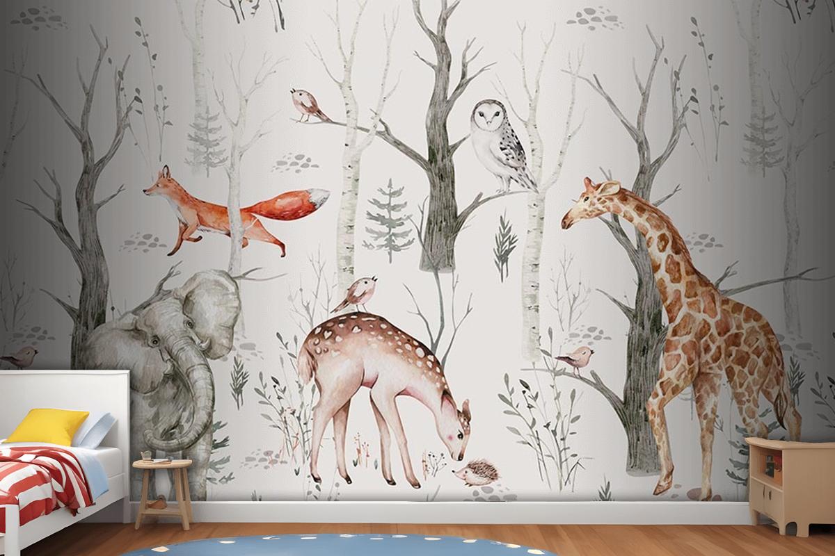 Çocuk Odası Duvar Kağıdı Ormanda Fil Zürafa