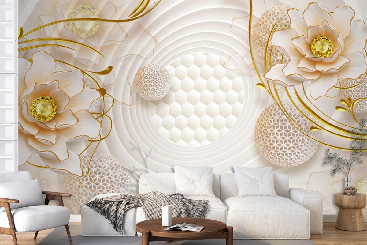 Suda Balık Çiçekli Arka Planlı 3D Duvar Kağıdı