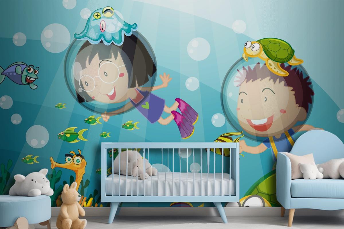 Mutlu Çocuklarla Sualtı Sahnesi Tüplü Dalış Çocuk Odası Duvar Kağıdı
