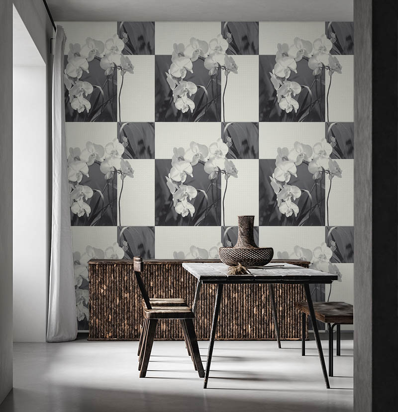 Orkideli Beyaz Gri Desen Duvar Kağıdı 53011