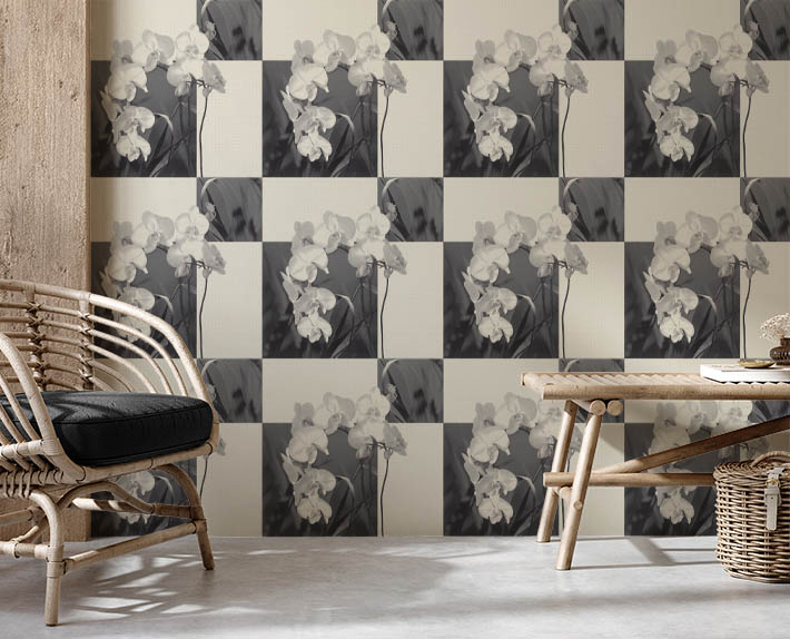 Orkideli Beyaz Gri Desen Duvar Kağıdı 53011