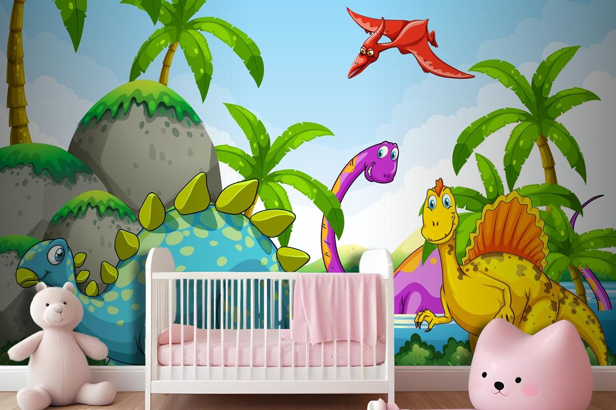 Ormanda Yaşayan Dinozorlar Çocuk Odası Duvar Kağıdı 