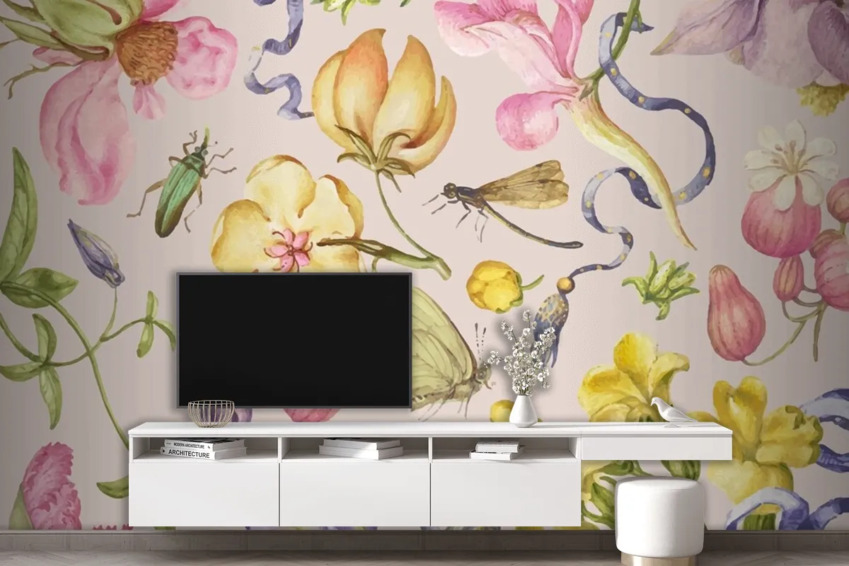 Pembe Arkaplanda Renkli Vintage Çiçek Desenli Vektör Duvar Kağıdı