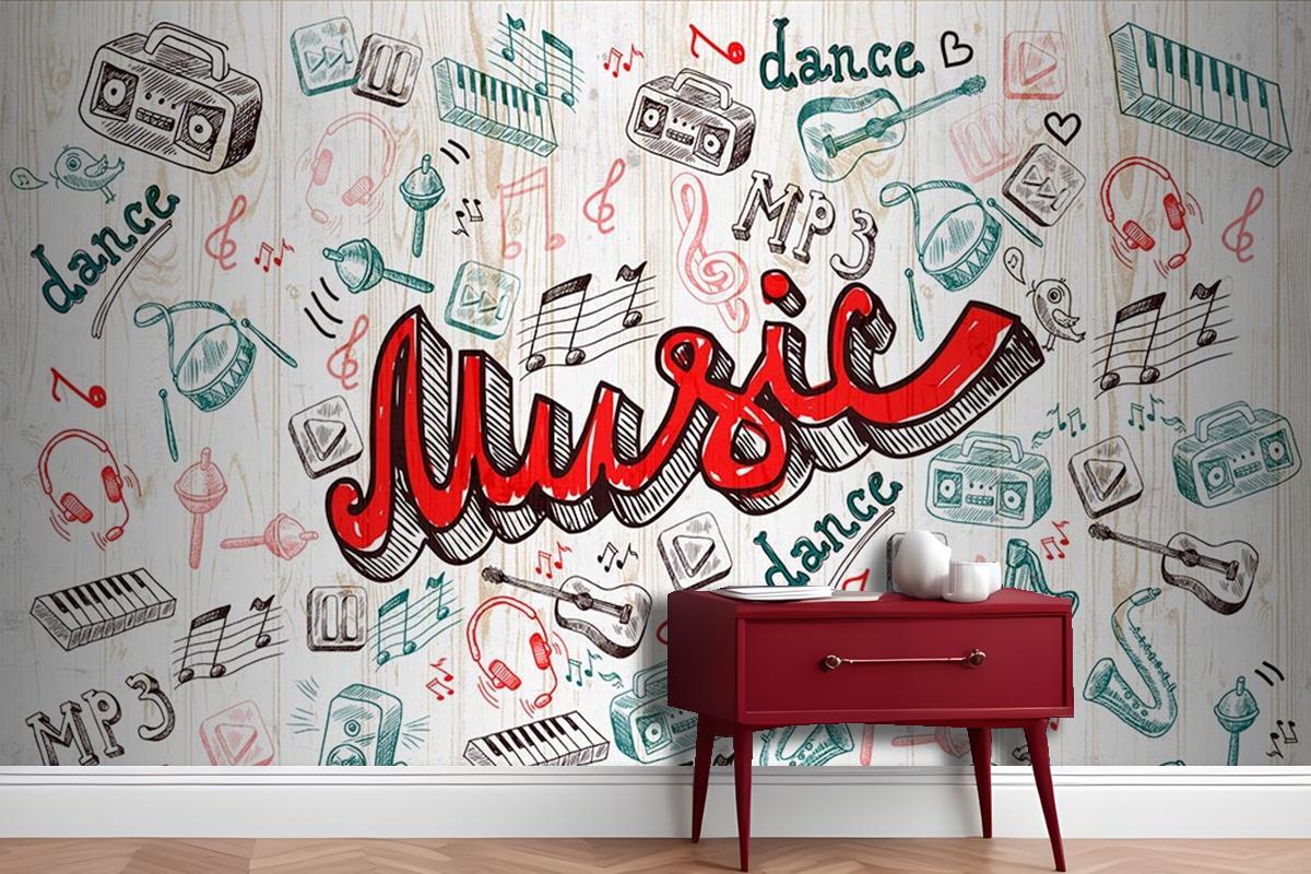Renkli Müzik Yazısı Ve Şekiller Özel Tasarım Duvar Kağıdı