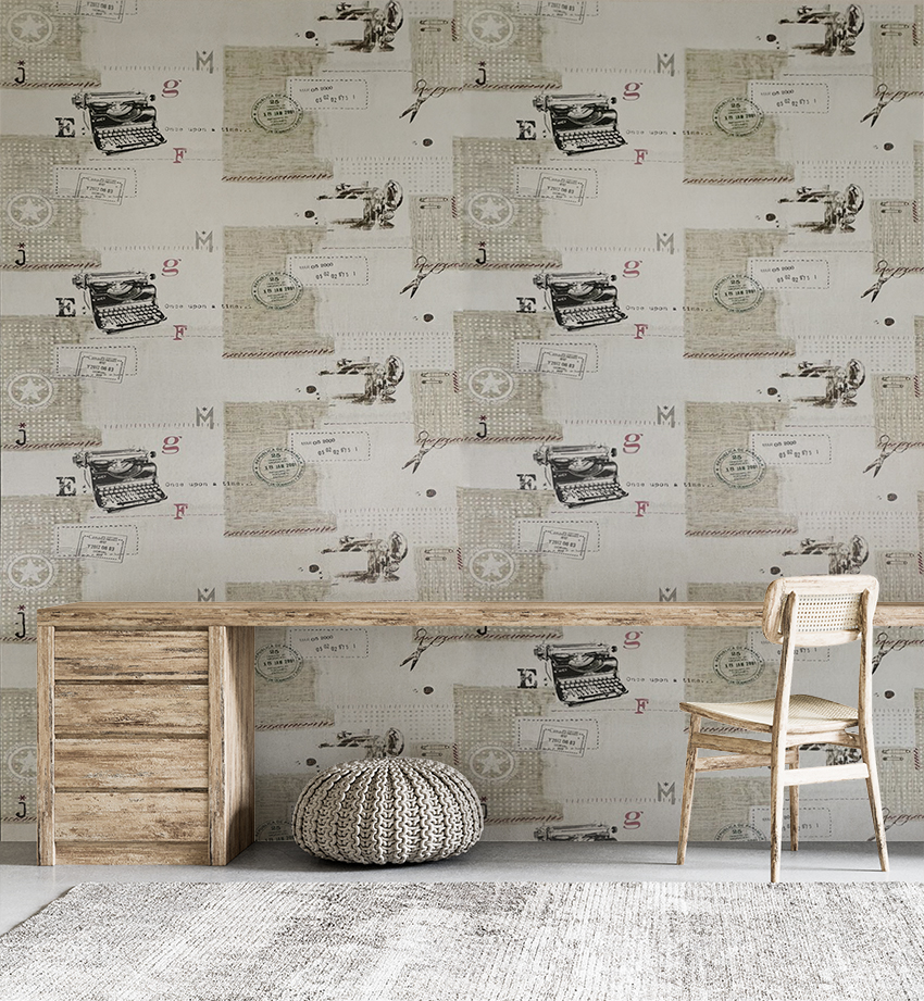 Retro Daktilo ve Posta Desenleri 16 M2 Duvar Kağıdı 