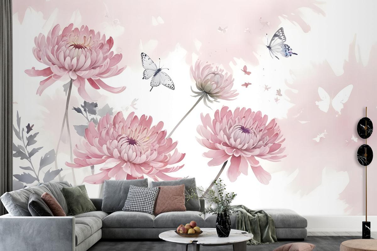 Retro Suluboya Pembe Karahindiba Çiçeği Sanat Duvar Kağıdı 