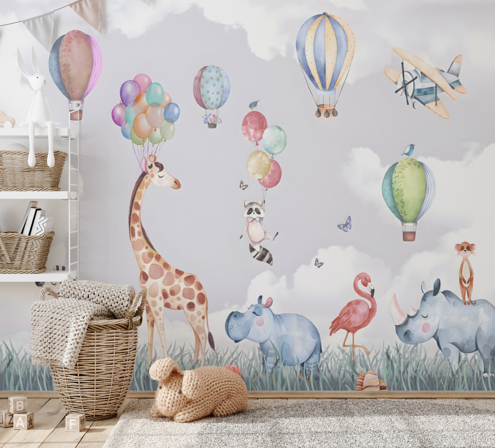 Safari Hayvanları Zürafa Zebra Gergedan Flamingo Çocuk Odası Duvar Kağıdı 335 x 265