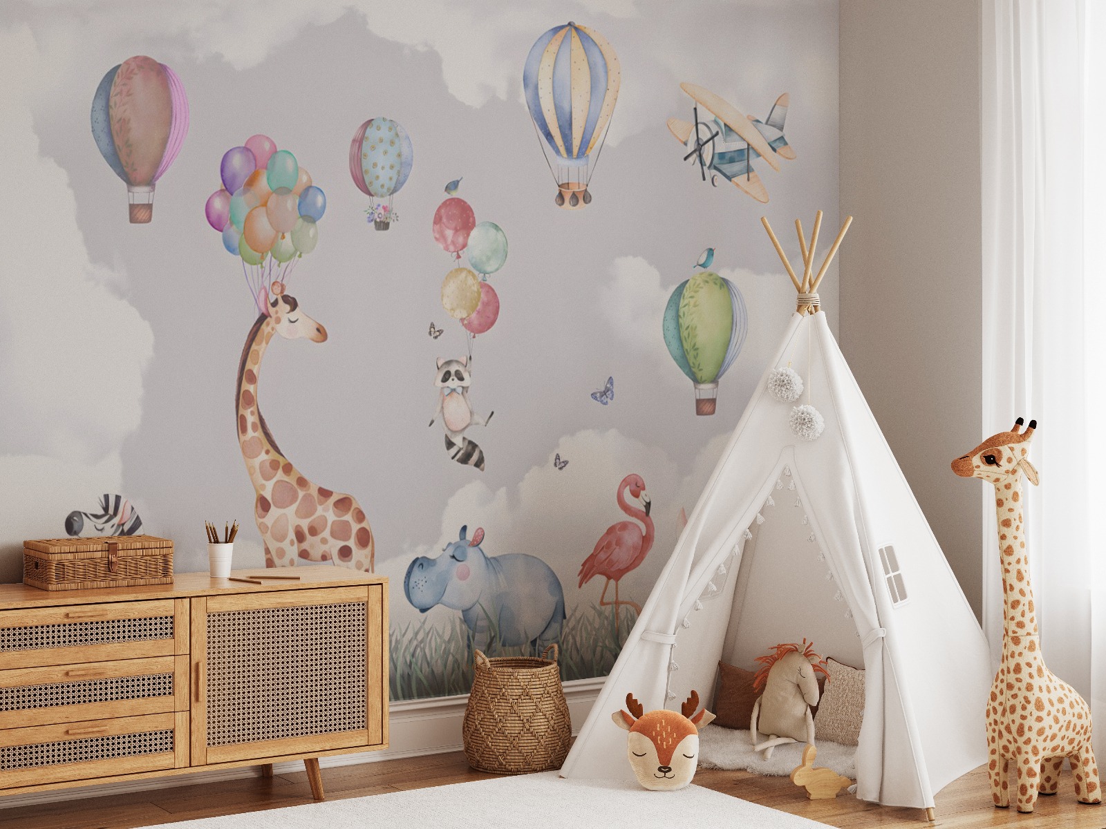 Safari Hayvanları Zürafa Zebra Gergedan Flamingo Çocuk Odası Duvar Kağıdı 335 x 265