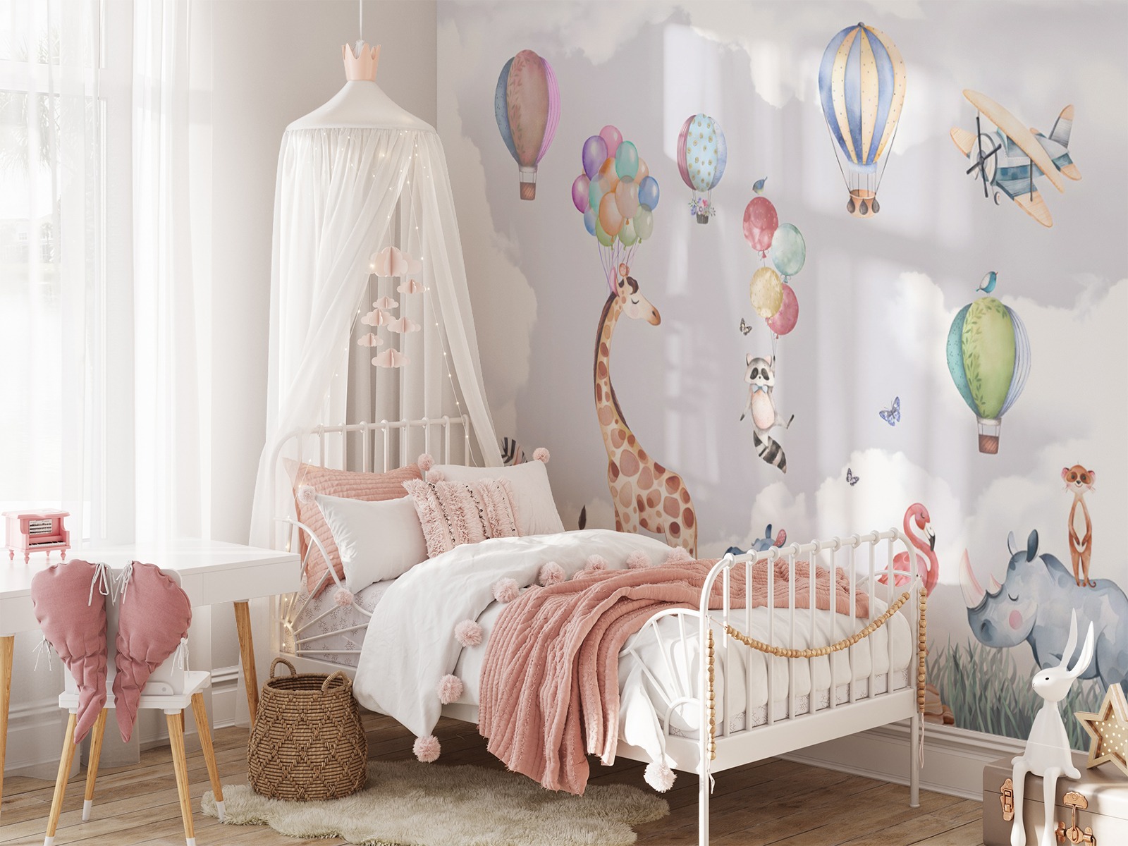 Safari Hayvanları Zürafa Zebra Gergedan Flamingo Çocuk Odası Duvar Kağıdı 335 x 265