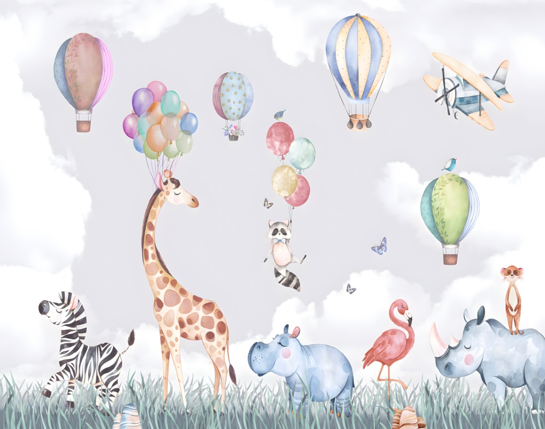 Safari Hayvanları Zürafa Zebra Gergedan Flamingo Çocuk Odası Duvar Kağıdı 335 x 265