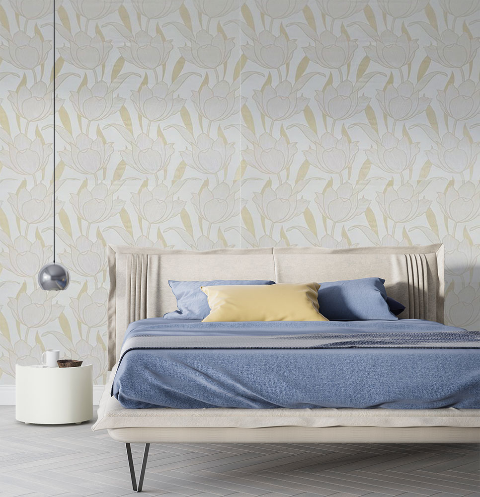 Krem Sarı Çiçekli Parlak Duvar Kağıdı 670127