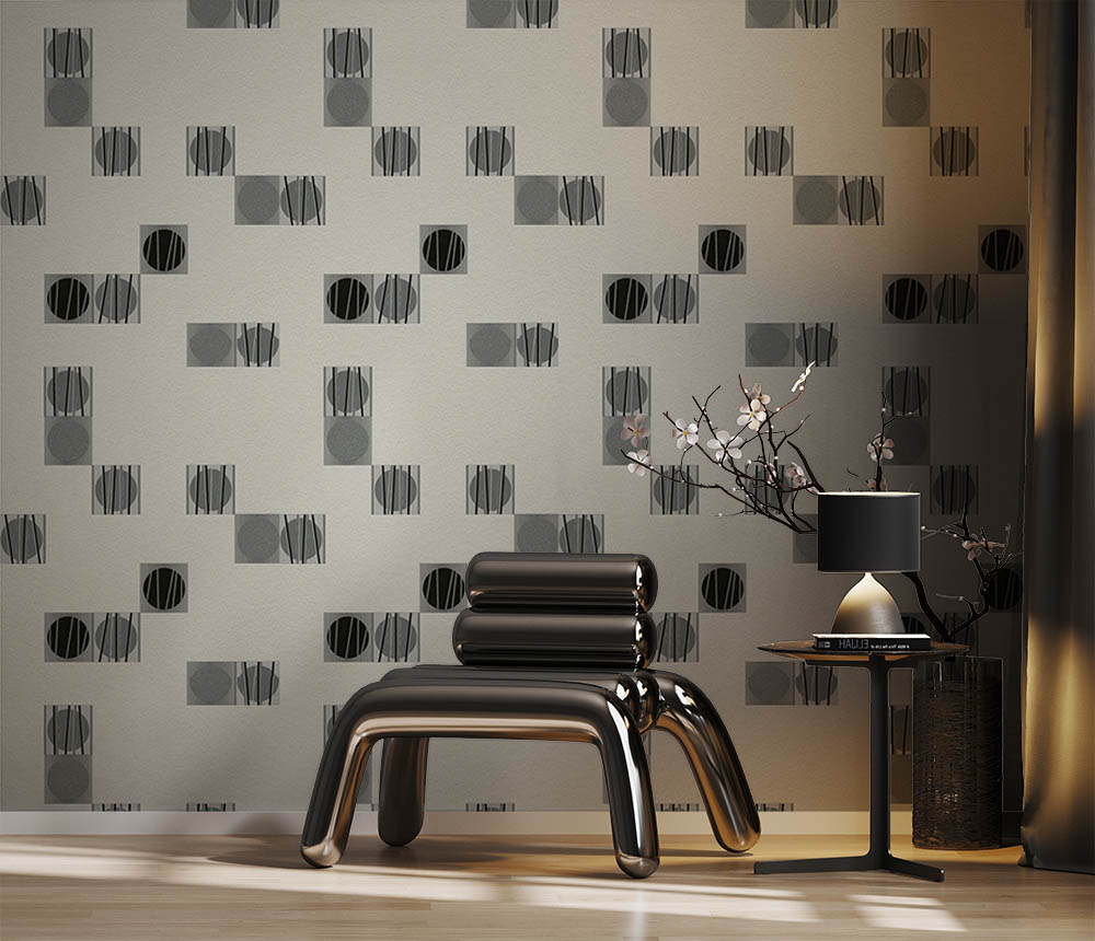 Siyah Gümüş Geometrik Desenli Dokulu Duvar Kağıdı 55110