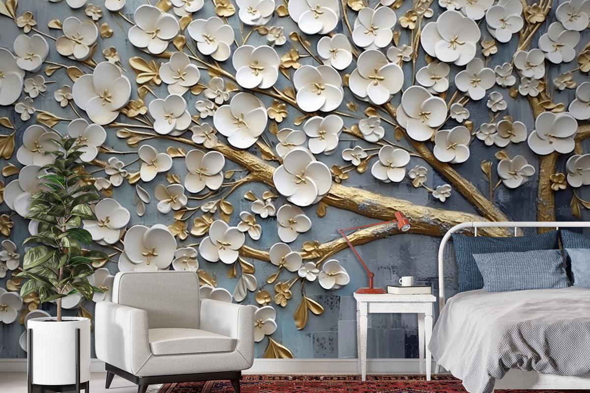 Soyut Sanatsal Arka Plan Çiçekler Dallar Altın Ve Tuval Boyama Duvar Kağıdı Duvar