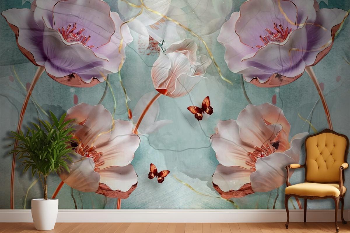 Su Yeşlili Arka Plan Ve 3D Çiçek Duvar Kağıdı