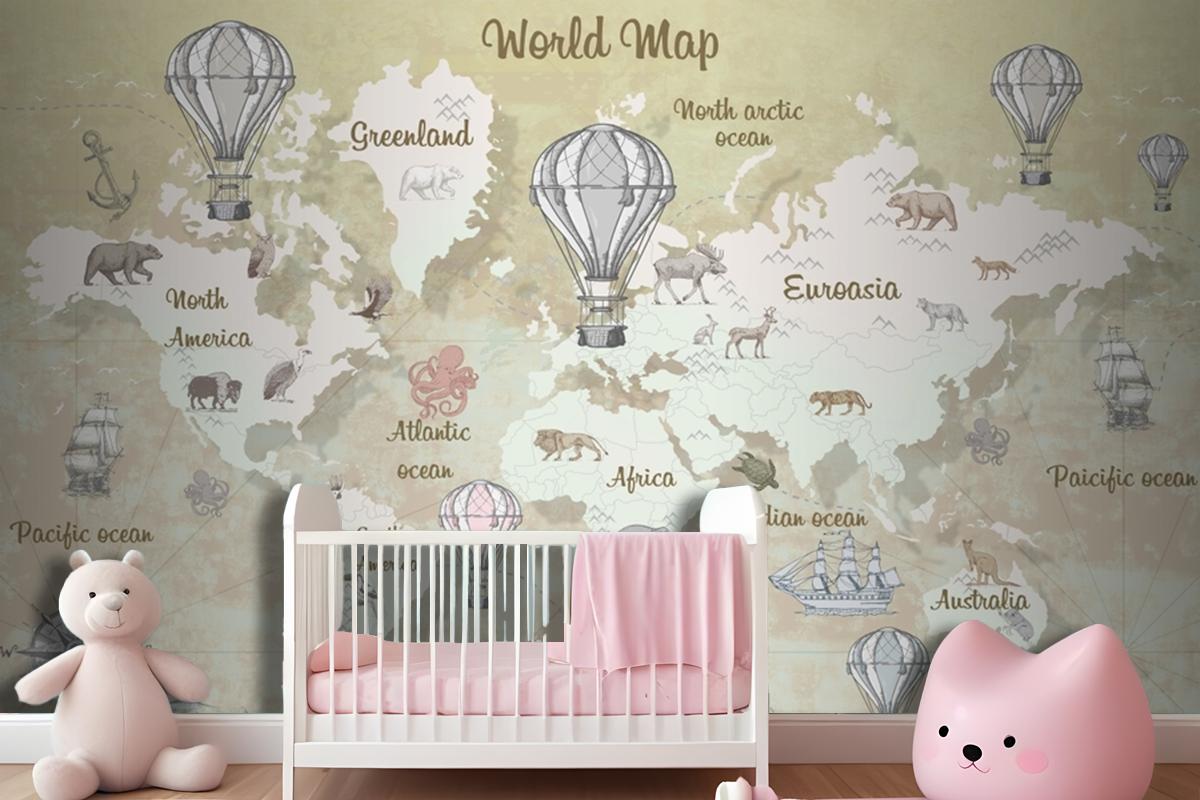Suluboya Eğitici Dünya Haritası Çocuk Duvar Kağıdı