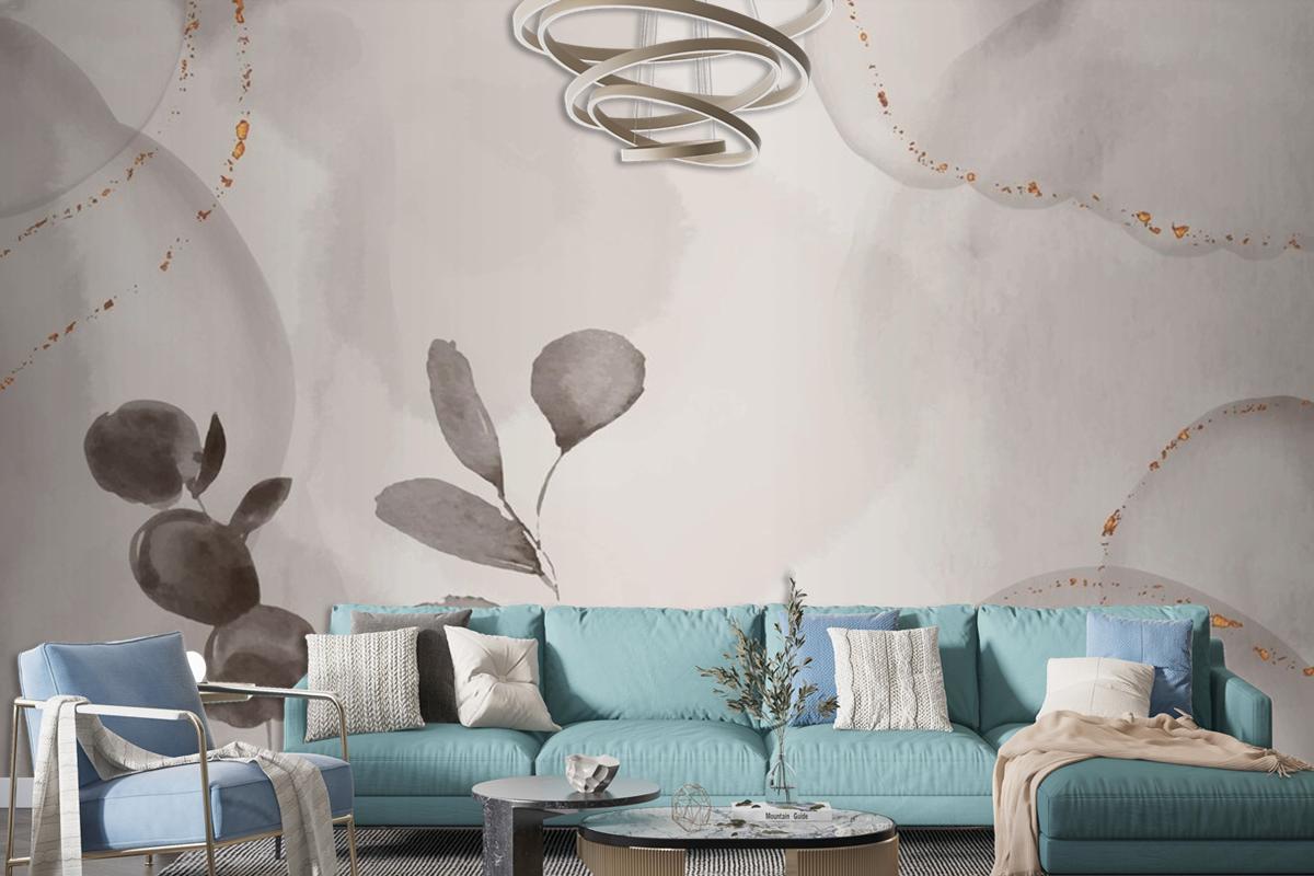 Suluboya Elle Çizilmiş Arka Plan Yaprakları Oturma Odası Duvar Kağıdı