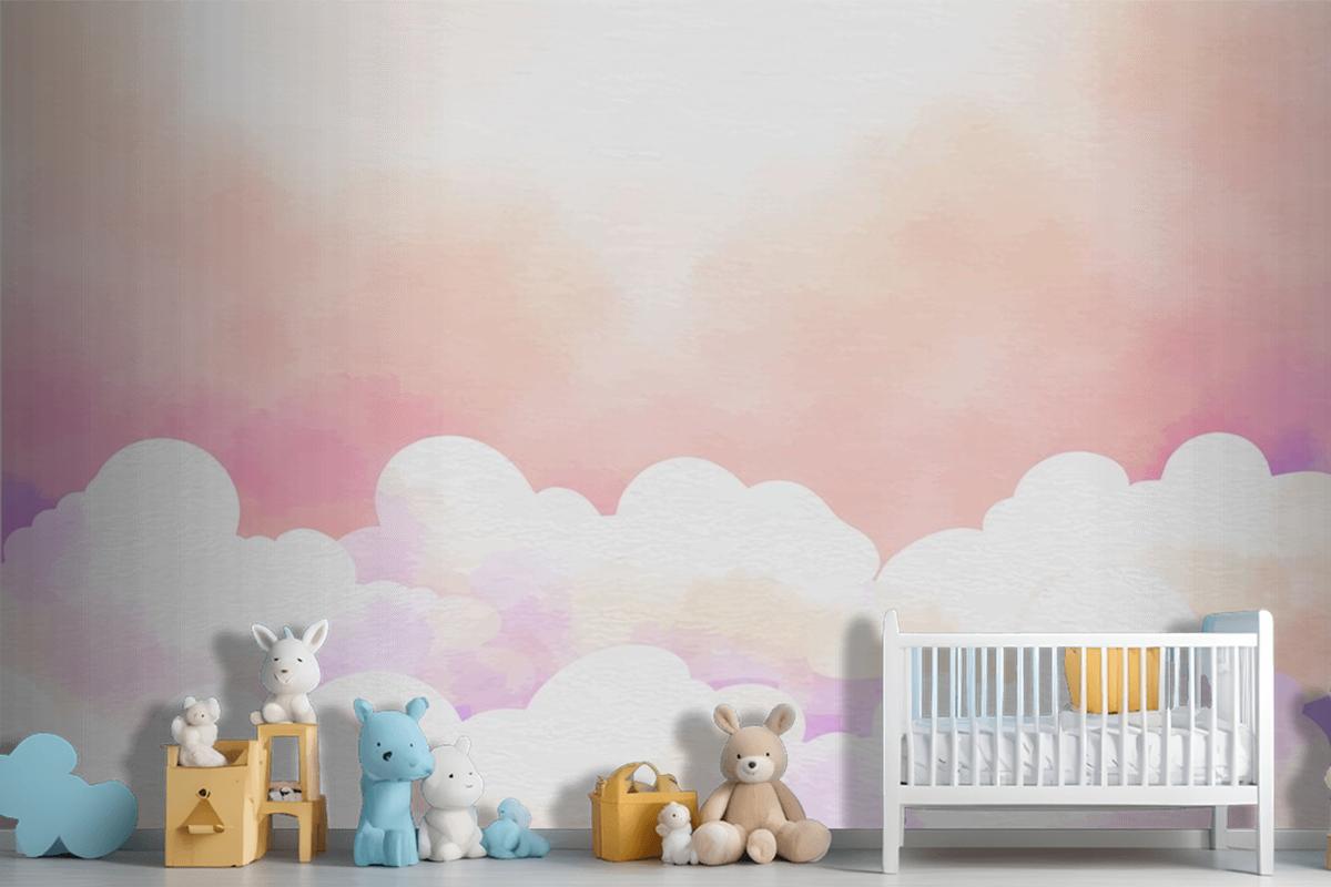 Suluboya Şeker Pamuk Bulutlar Arka Plan Çocuk Odası Duvar Kağıdı