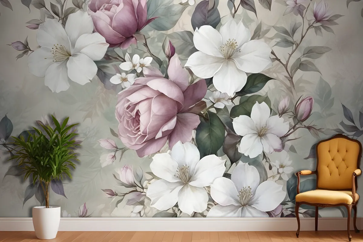 Suluboya Vintage Çiçek Duvar Kağıdı 