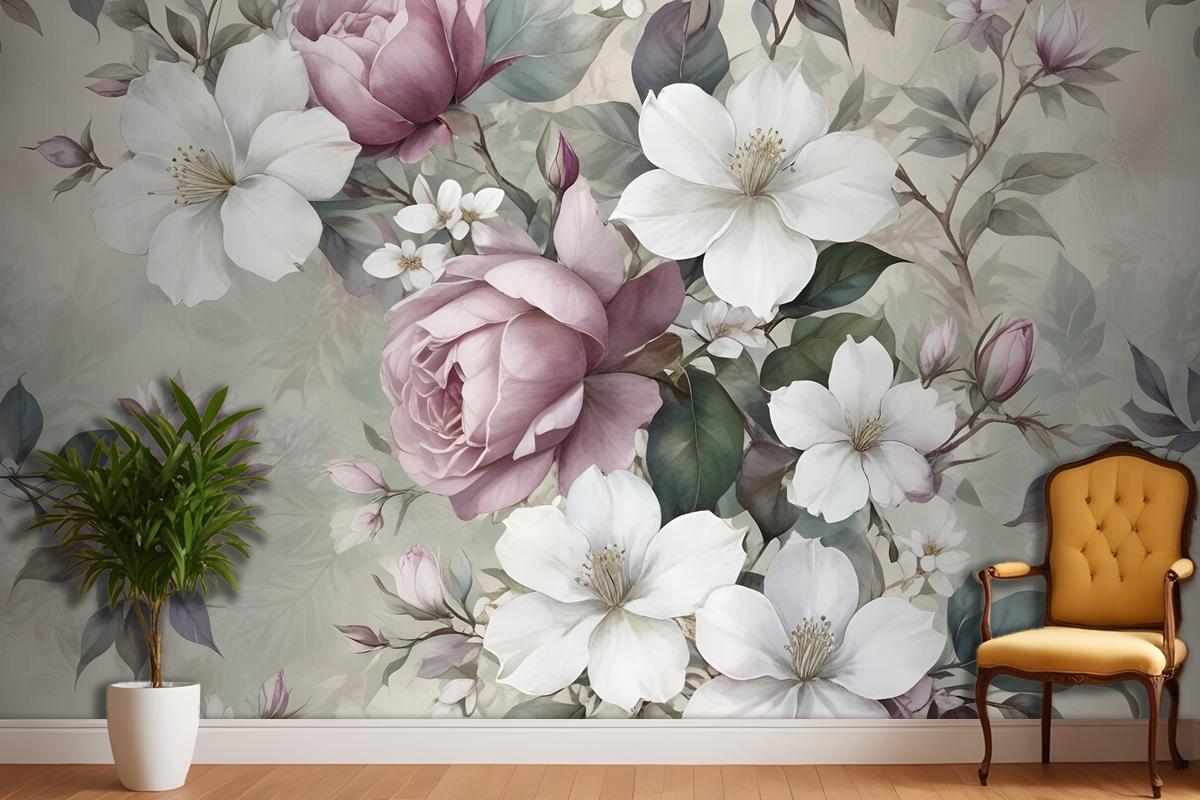 Suluboya Vintage Çiçek Duvar Kağıdı 