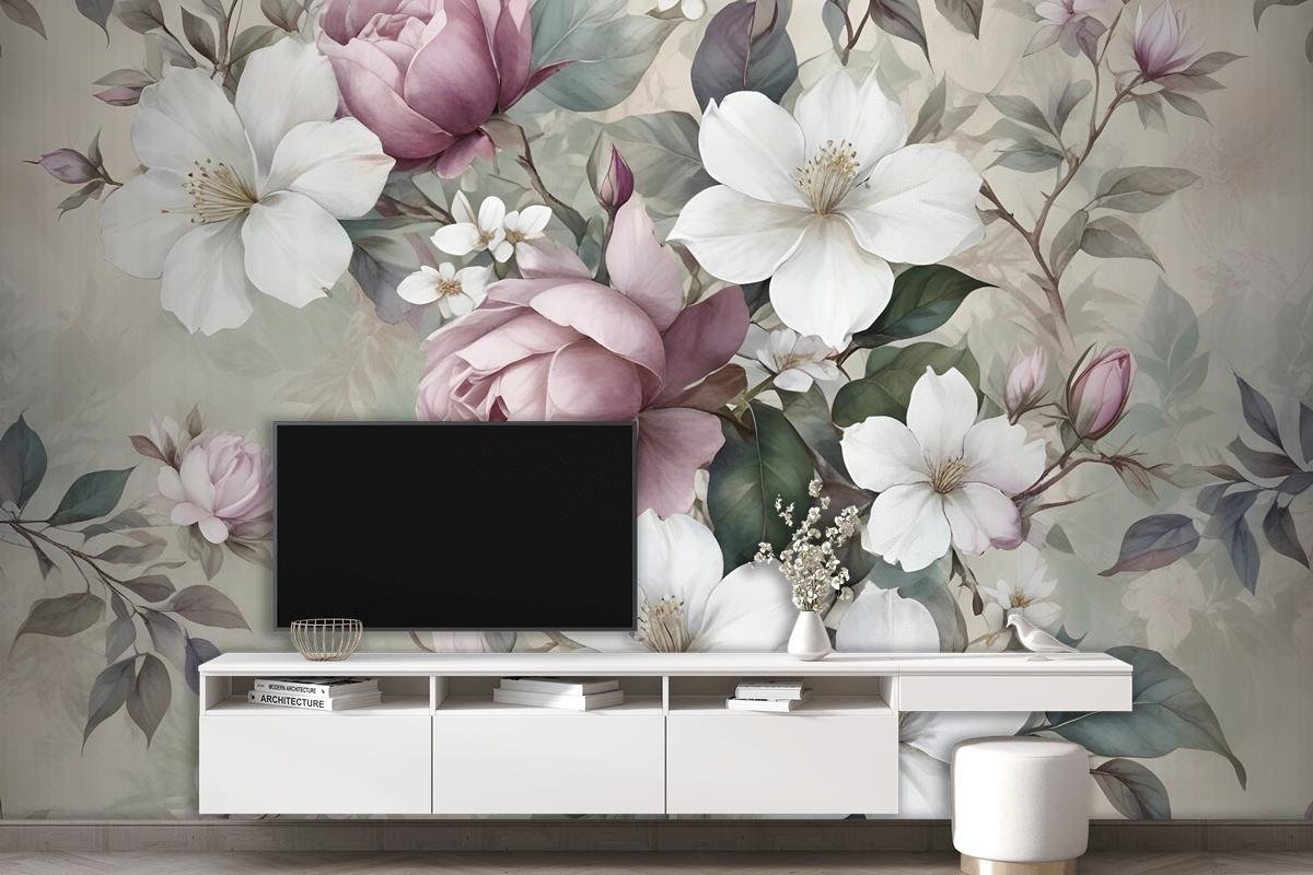 Suluboya Vintage Çiçek Duvar Kağıdı 