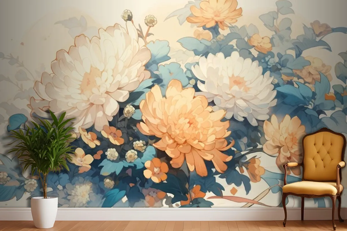 Tamamlayıcı Renklerle Suluboya Vintage Krizantem Teması Duvar Kağıdı
