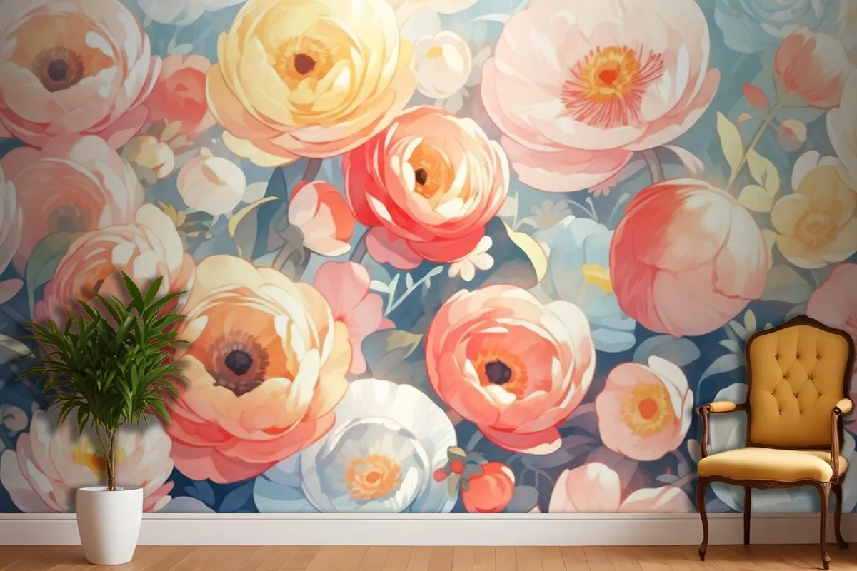 Tamamlayıcı Renklerle Vintage Suluboya Düğünçiçeği Tasarımı Duvar Kağıdı