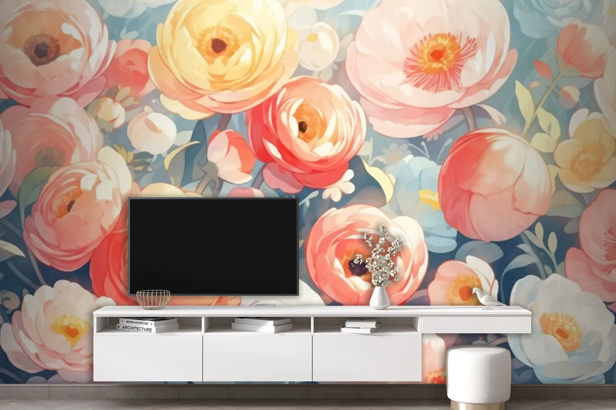 Tamamlayıcı Renklerle Vintage Suluboya Düğünçiçeği Tasarımı Duvar Kağıdı