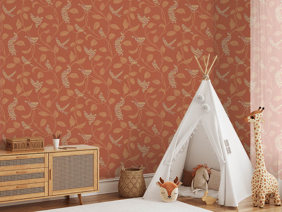 Turuncu Dallı Çiçekli Kuşlu Duvar Kağıdı 53081