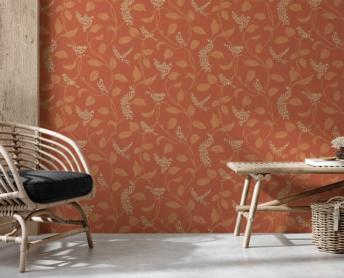 Turuncu Dallı Çiçekli Kuşlu Duvar Kağıdı 53081