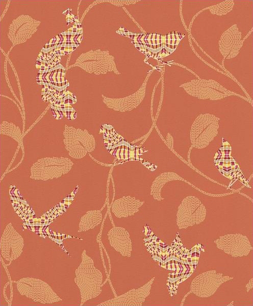 Turuncu Dallı Çiçekli Kuşlu Duvar Kağıdı 53081