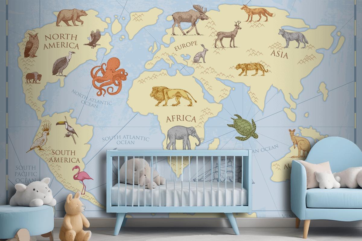 Vahşi Hayvanlarla Vintage Dünya Haritası Çocuk Odası Duvar Kağıdı
