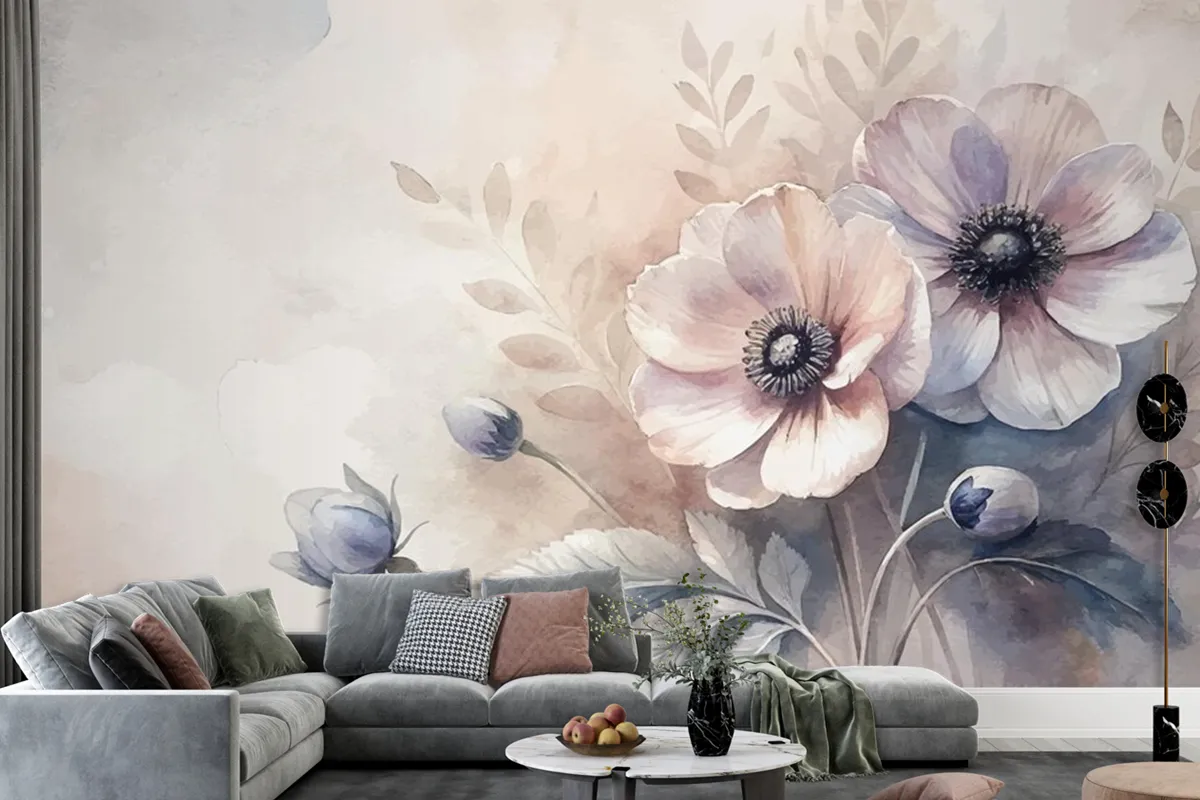 Vintage Anemon Çiçek Suluboya Arka Plan Oturma Odası Duvar Kağıdı 