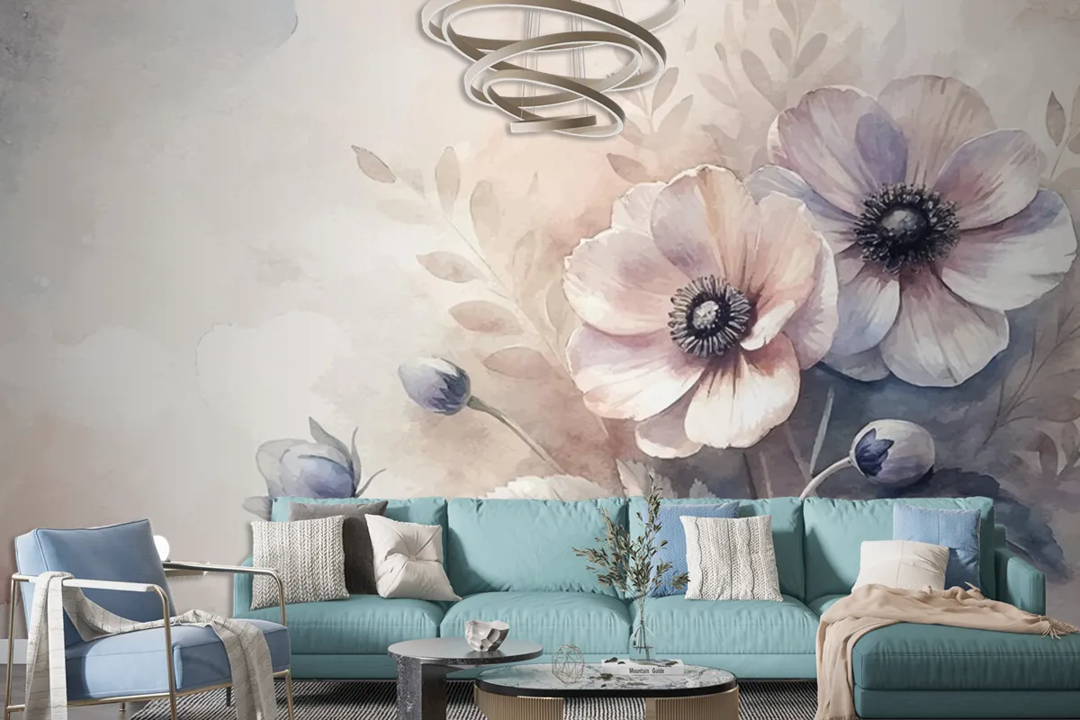 Vintage Anemon Çiçek Suluboya Arka Plan Oturma Odası Duvar Kağıdı 