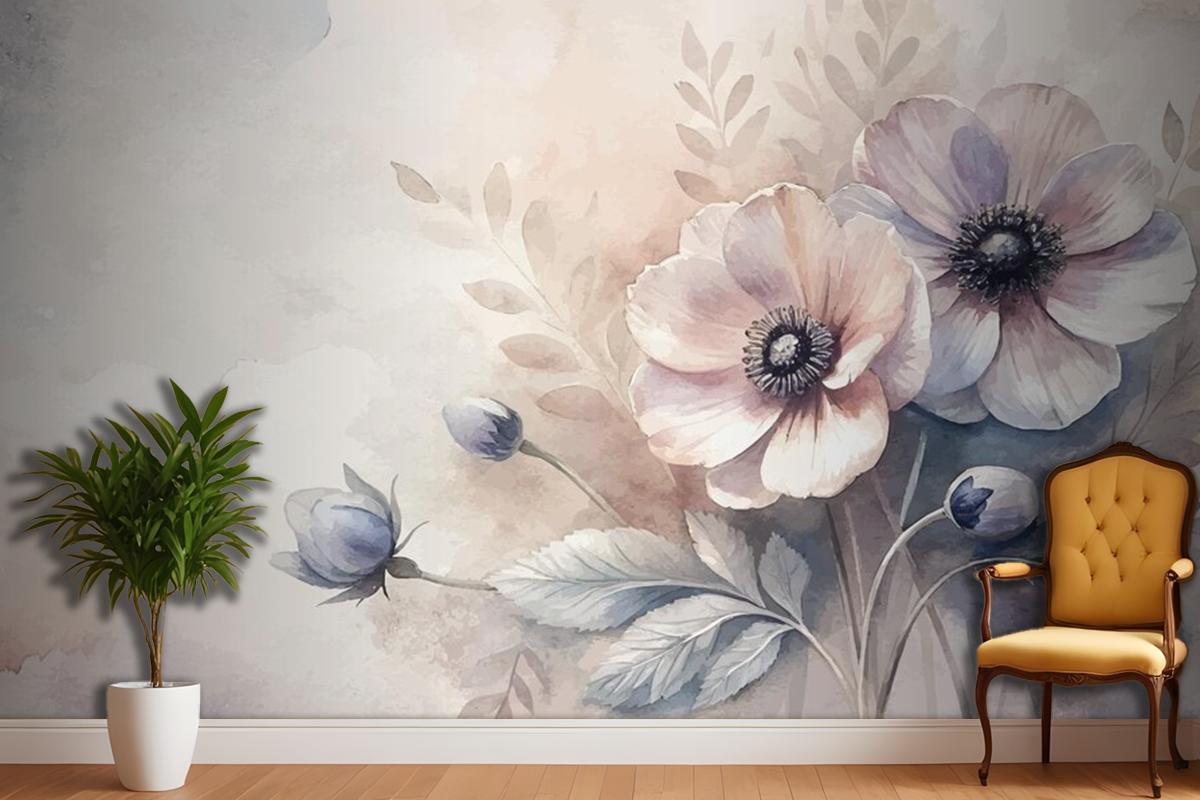 Vintage Anemon Çiçek Suluboya Arka Plan Oturma Odası Duvar Kağıdı 