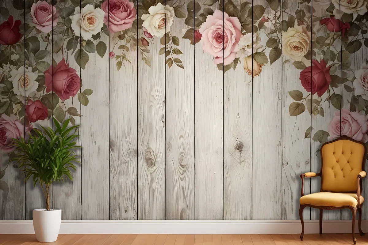 Vintage Çiçekli Ahşap Duvar Duvar Kağıdı 