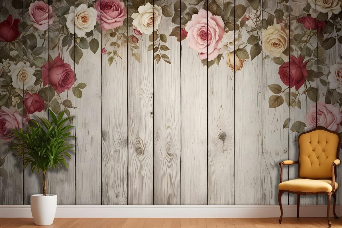 Vintage Çiçekli Ahşap Duvar Duvar Kağıdı 