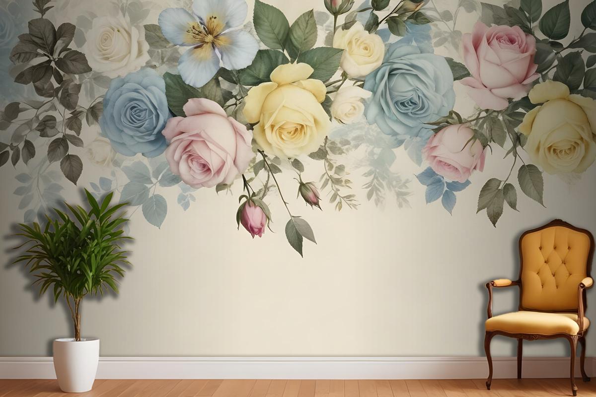 Vintage Renkli Çiçekli Duvar Kağıdı 