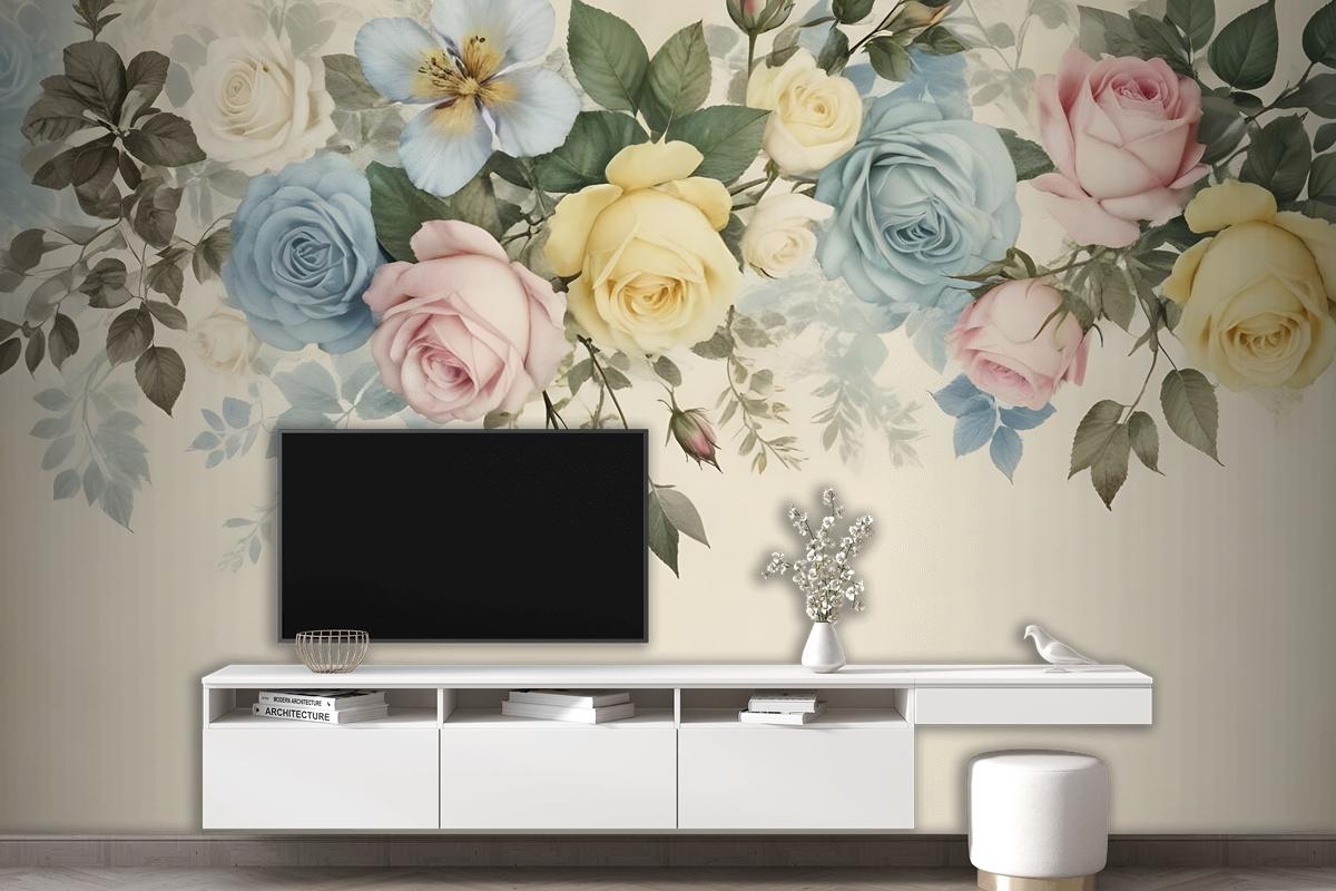 Vintage Renkli Çiçekli Duvar Kağıdı 