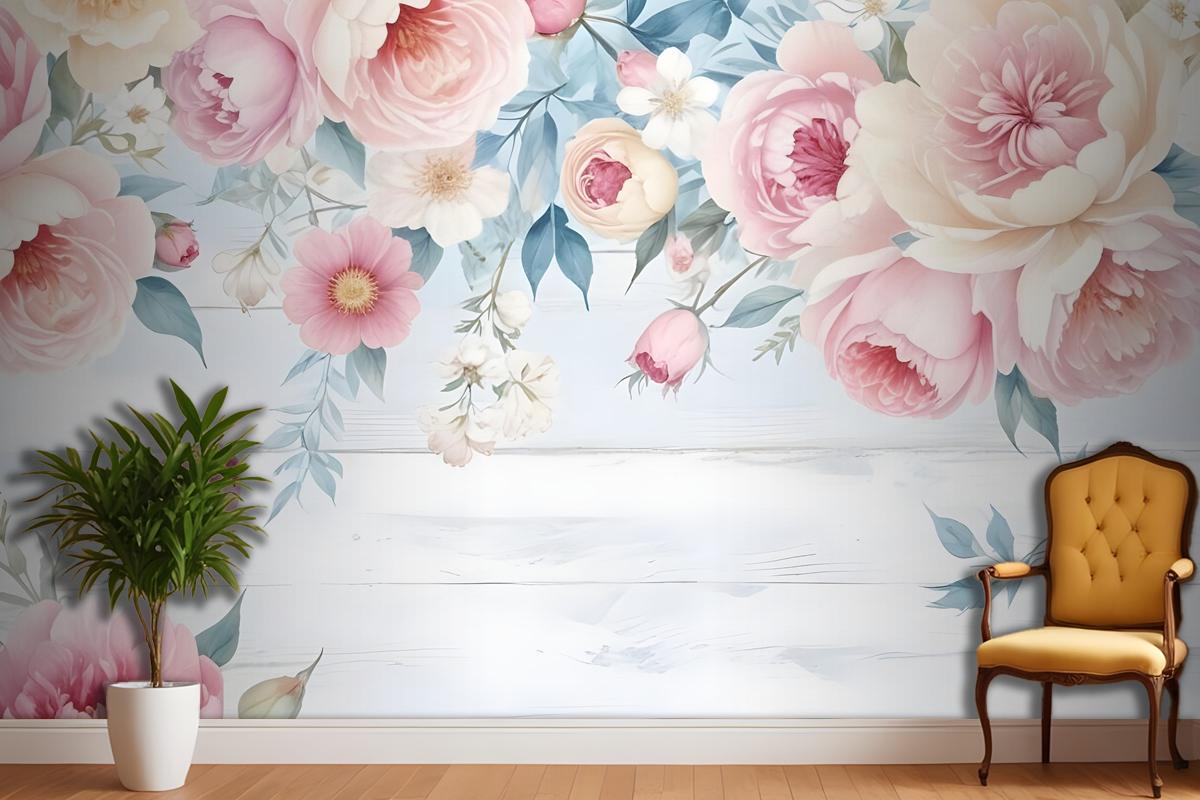 Vintage Suluboya Pembe Çiçekler Duvar Kağıdı