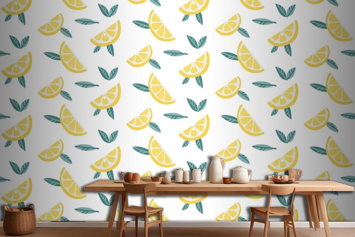 Yaprakları Dikişsiz Desenli Limon Meyve Dilimleri Mutfak Duvar Kağıdı