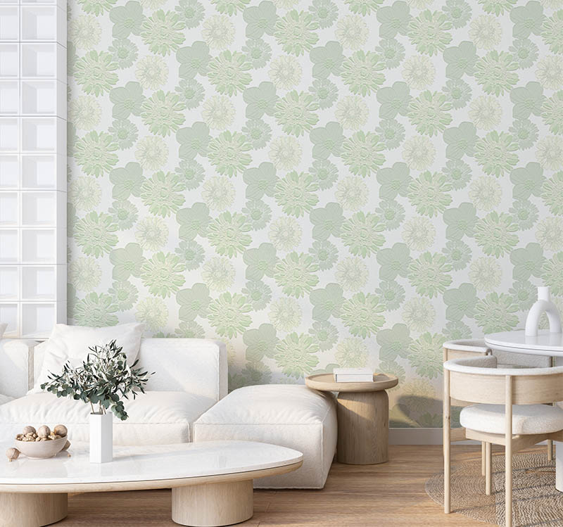 Yeşil Çiçeli Hafif Parlak Ucuz Duvar Kağıdı 53391