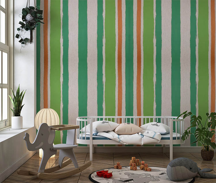 Yeşil Turuncu Krem Çizgili Ucuz Duvar Kağıdı 53396