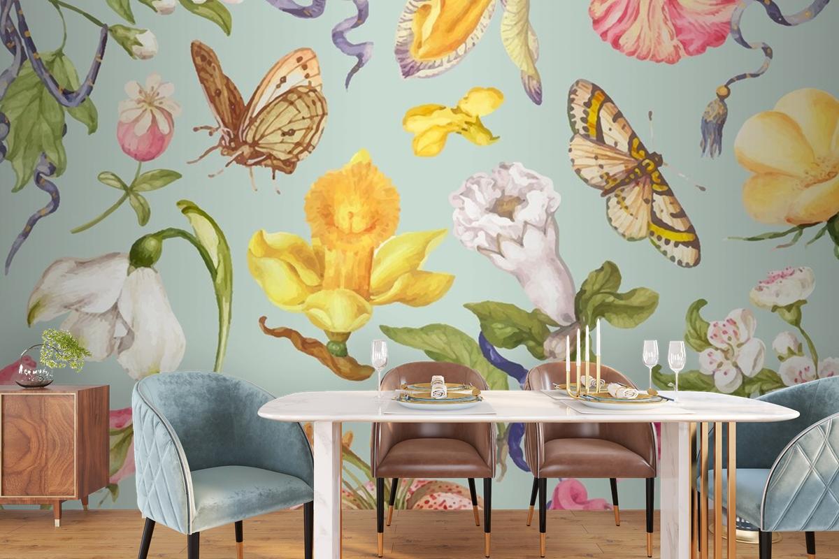 Yeşil Zemin Üzerine Renkli Vintage Çiçek Desenli Duvar Kağıdı